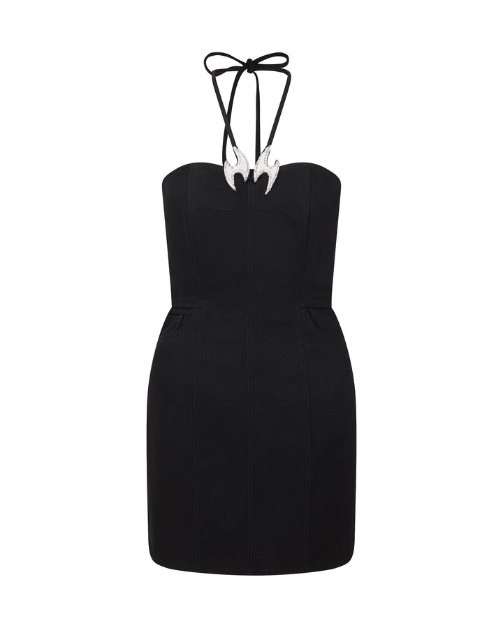 CRYSTAL & PLEXI EMBROIDERY FISH HOOK DENIM DRESS