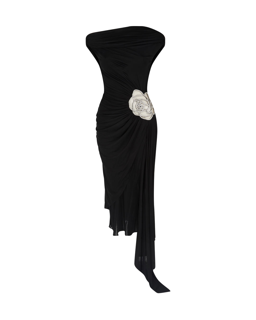BLACK ASYMMETRIC ROSE MIDI DRESS