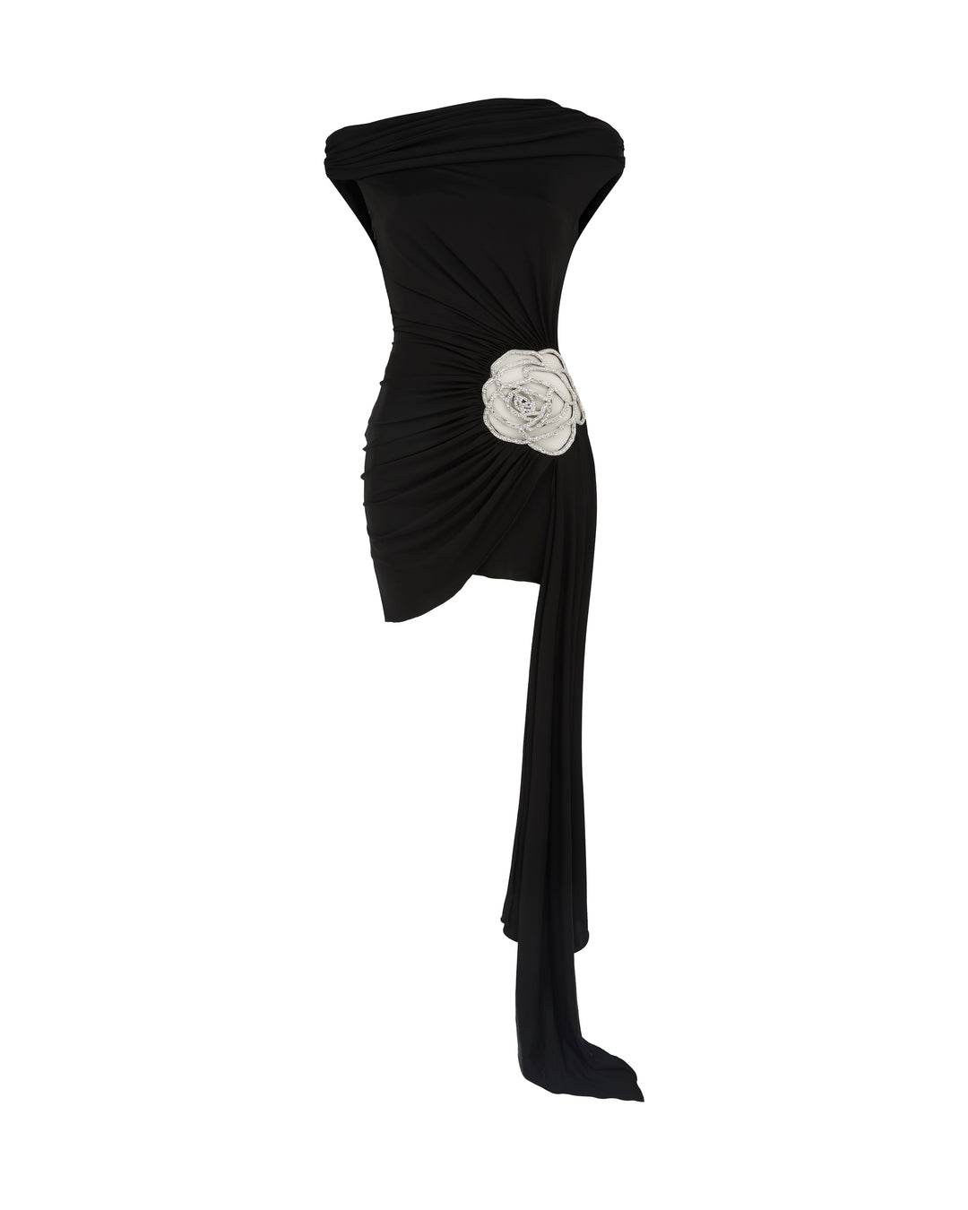 BLACK ASYMMETRIC ROSE MINI DRESS
