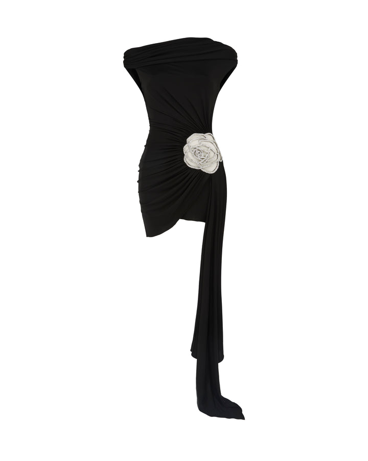 BLACK ASYMMETRIC ROSE MINI DRESS