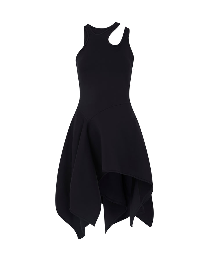 BLACK ASYMMETRIC CUT-OUT MINI DRESS