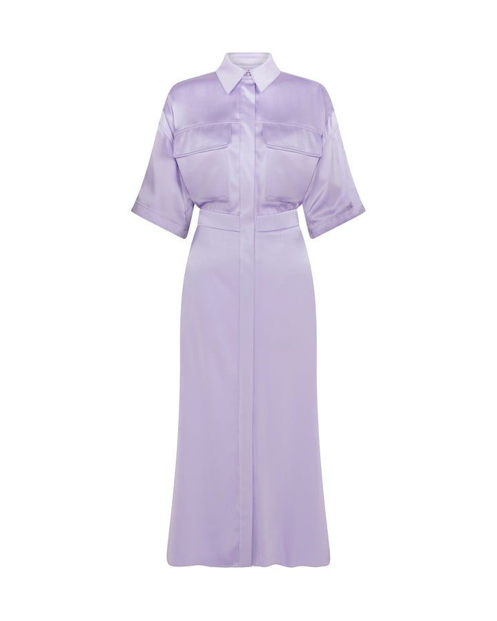 LILAC SATIN SHIRT MIDI DRESS