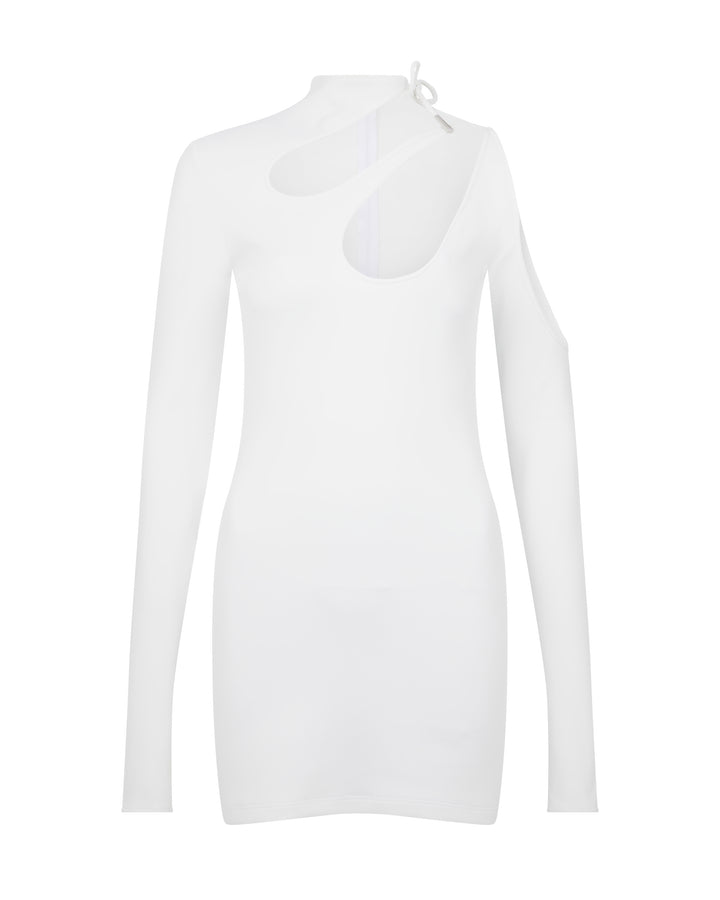 WHITE ASYMMETRIC LONG SLEEVE CUT-OUT MINI DRESS