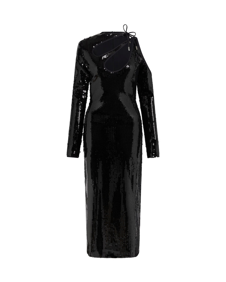 BLACK SEQUIN CUT-OUT PENCIL DRESS