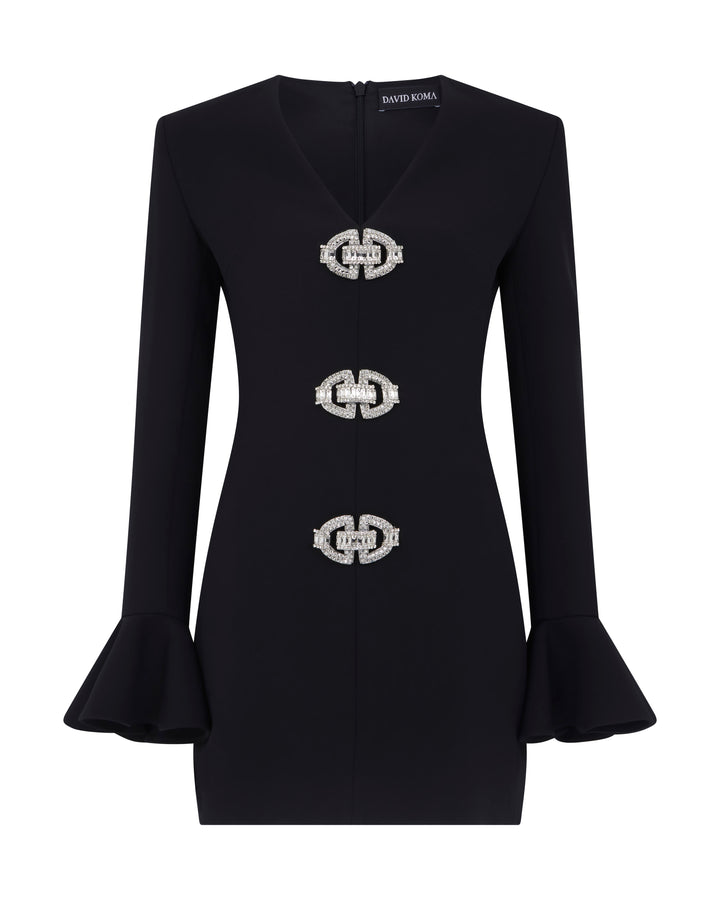 BLACK LONG-SLEEVED BUCKLE MINI DRESS