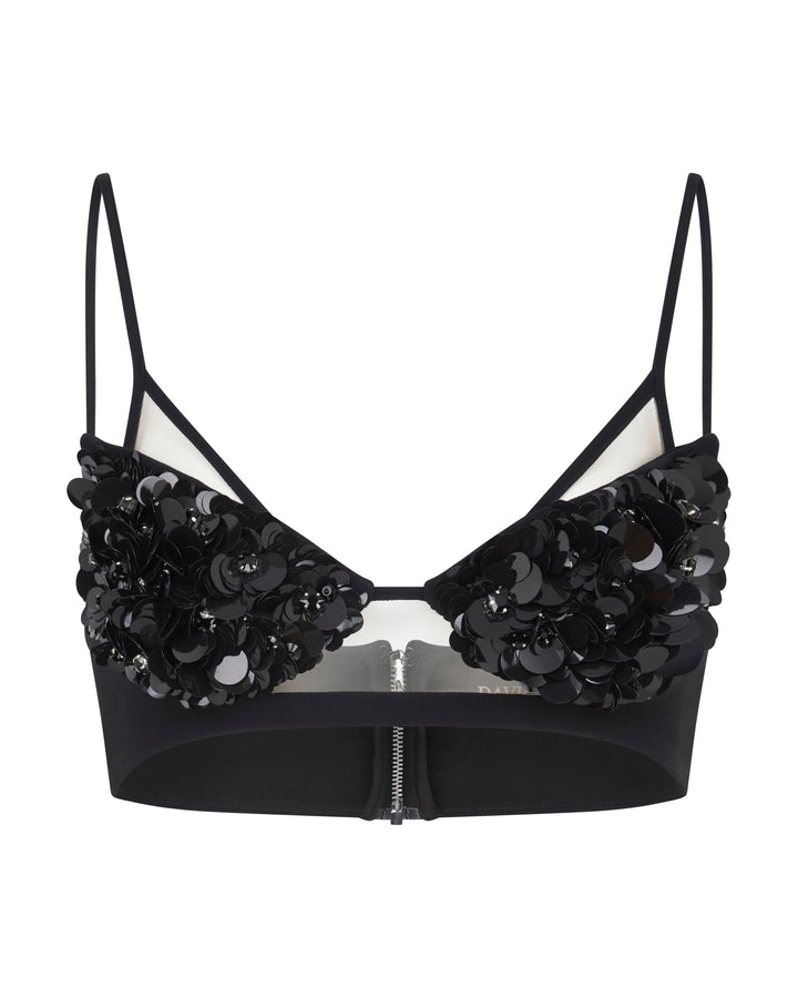 BLACK CRYSTAL AND PETAL EMBELLISHED BRA