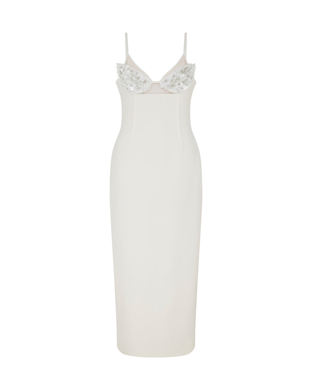 WHITE CRYSTAL AND PETAL EMBELLISHED MIDI DRESS