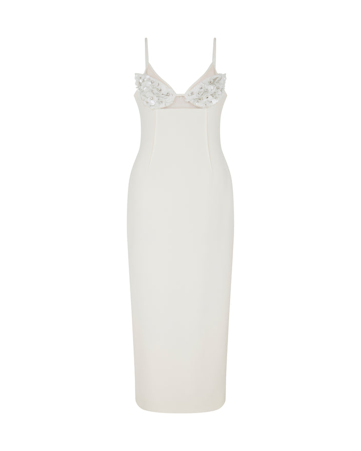WHITE CRYSTAL AND PETAL EMBELLISHED MIDI DRESS