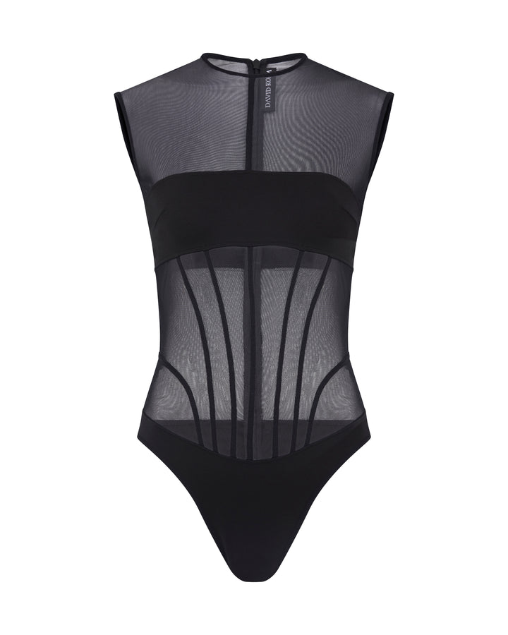 BANDEAU MESH BODYSUIT IN BLACK