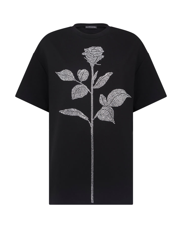 BLACK RHINESTONE ROSE T-SHIRT