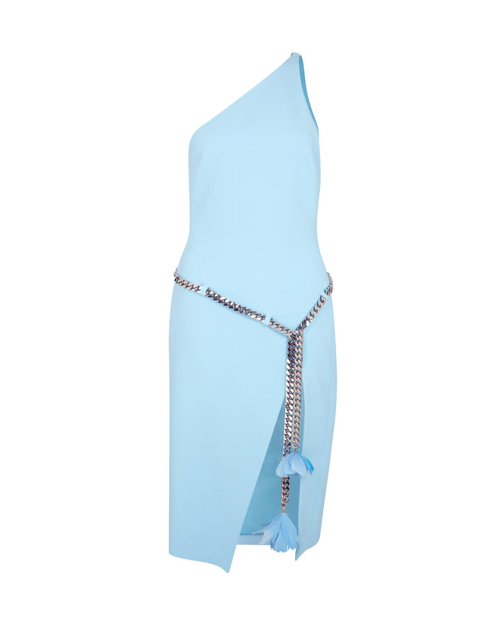 FEATHER FLOWERS AND CHAIN ONE-SHOULDER DRESS