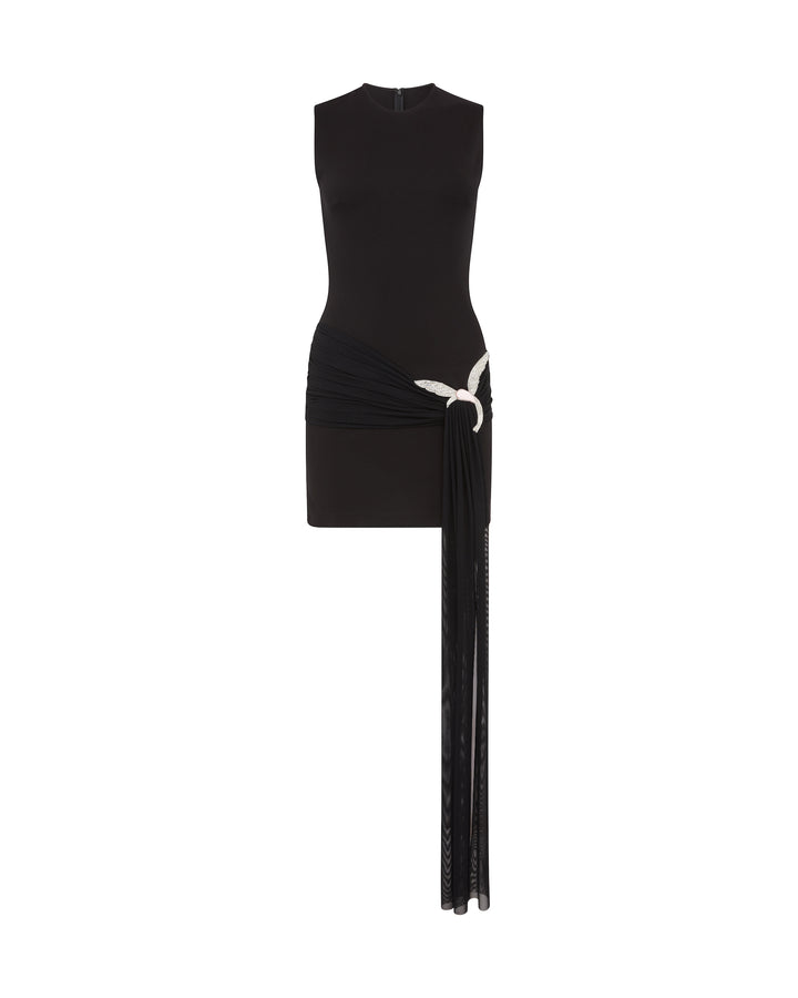 JERSEY MINI DRESS WITH CRYSTAL HUMMINGBIRD IN BLACK