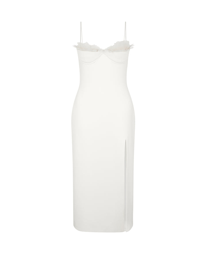 RUFFLE&FEATHER BALCONETTE BRA OPEN LEG MIDI DRESS