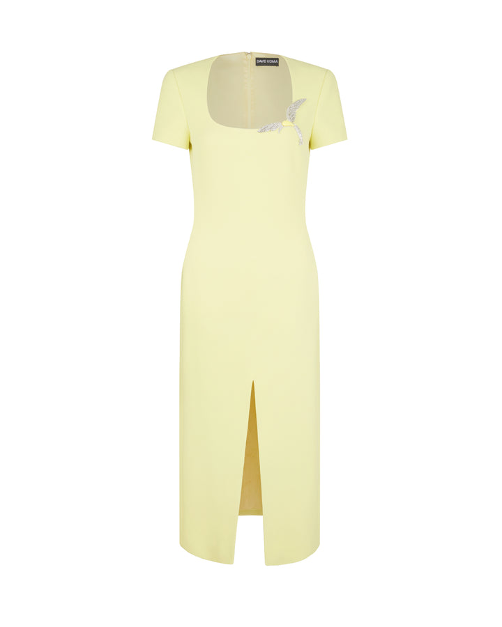 SHORT SLEEVE CRYSTAL HUMMINGBIRD MIDI DRESS