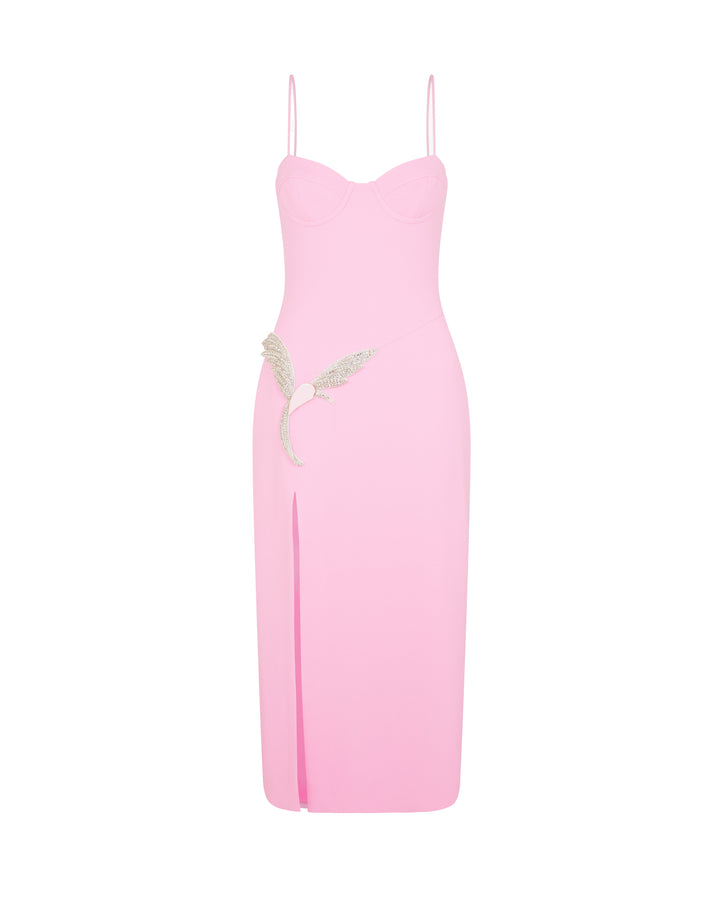 CAMI MIDI DRESS WITH CRYSTAL HUMMINGBIRD