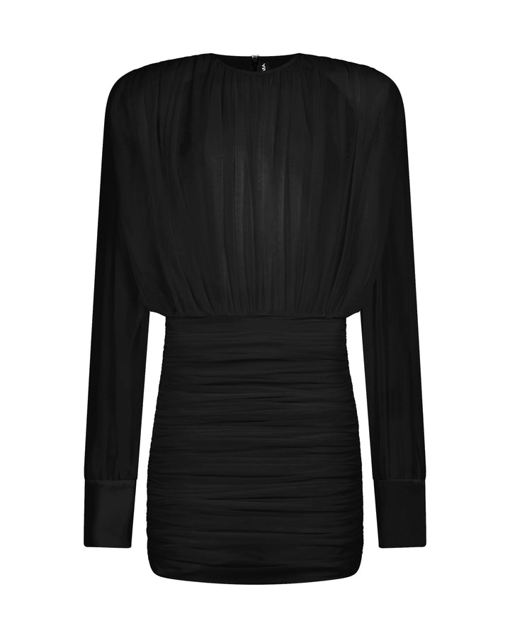 RUCHED BLOUSE TOP MINI DRESS IN BLACK