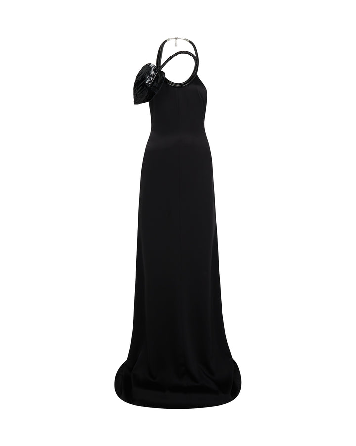 LEATHER LEAF HALTER NECK GOWN