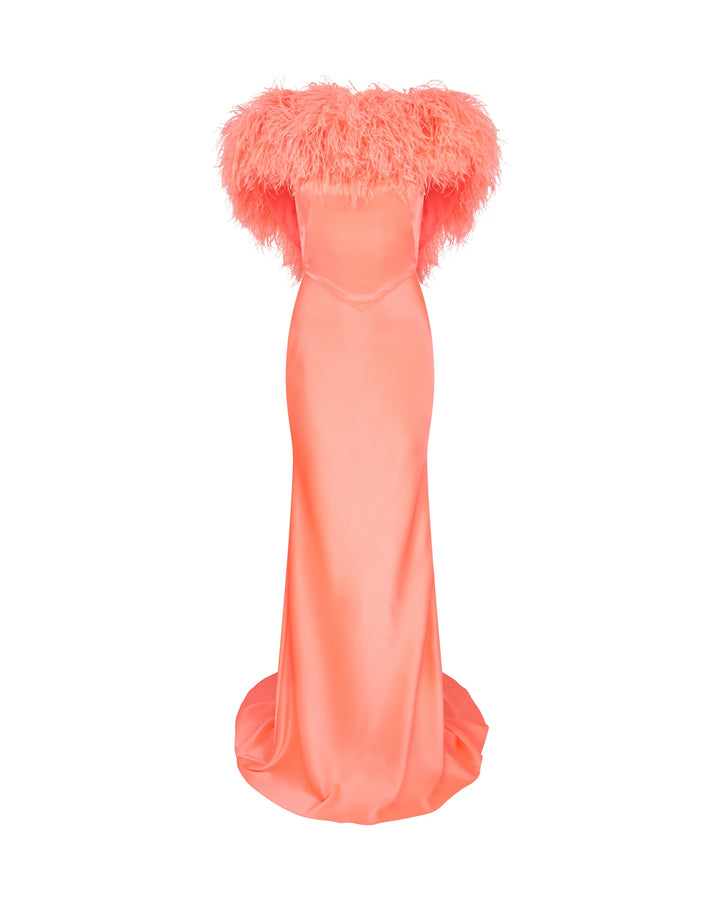OPEN BACK FEATHER TRIMMED SATIN GOWN