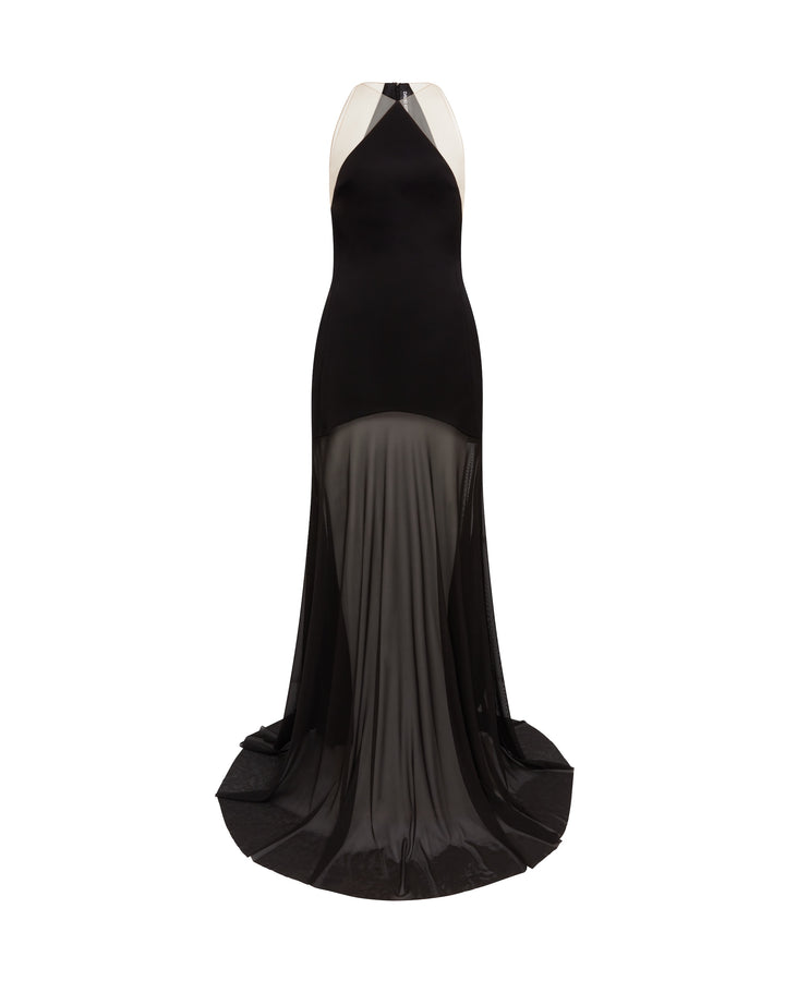 SATIN HALTERNECK GOWN WITH MESH SKIRT BLACK