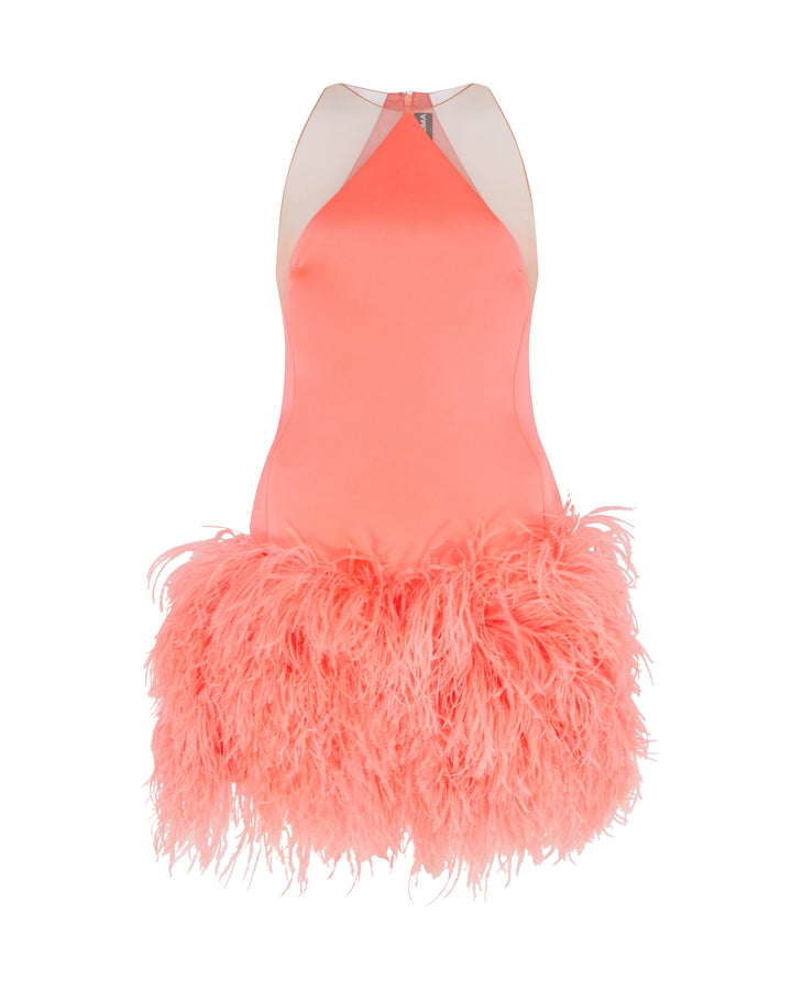 FEATHER TRIM AND SATIN MINI DRESS