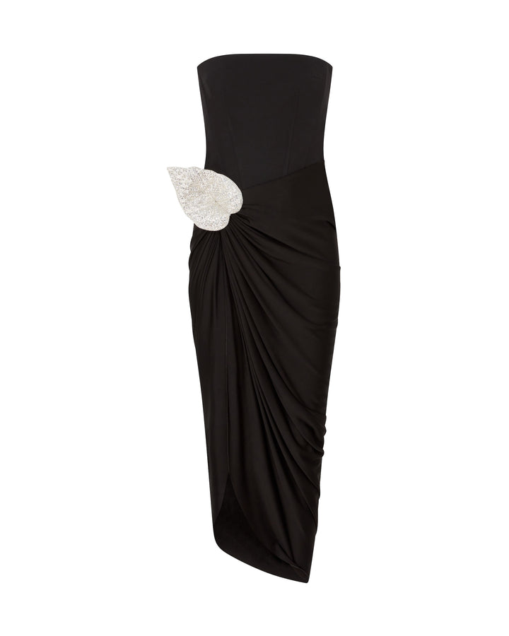 CRYSTAL LEAF AND DRAPED SKIRT CORSET DRESS