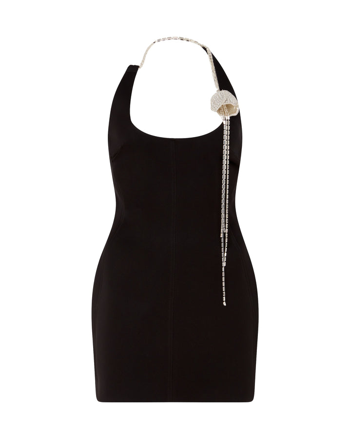 CRYSTAL FLOWER ON SHOULDER MINI DRESS