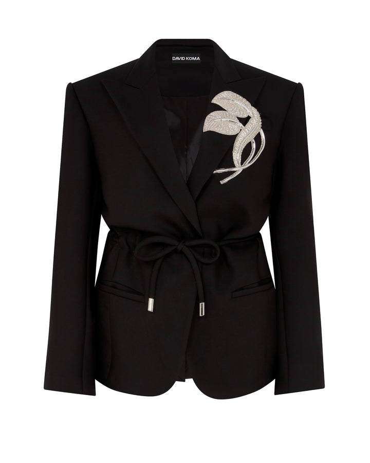 CRYSTAL LEAF TIE WAIST JACKET IN BLACK
