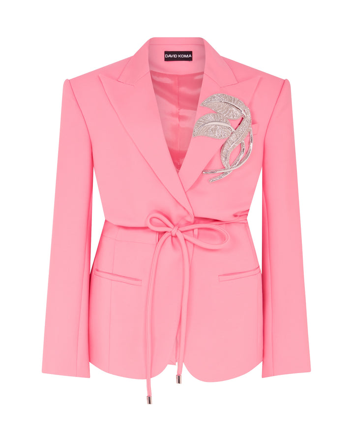 CRYSTAL LEAF TIE WAIST JACKET IN PINK