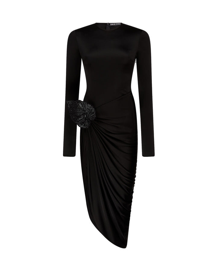 RHINESTONE LEAF AND LONG SLEEVES MIDI DRESS