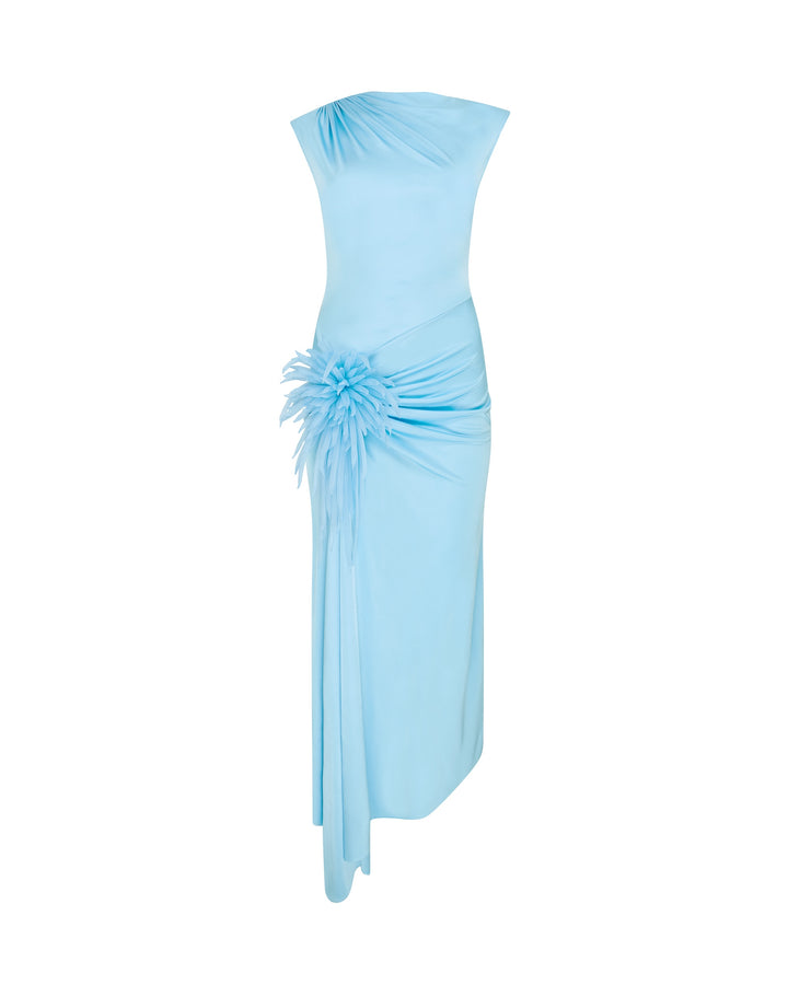 CACTUS DAHLIA DETAIL DRAPED MIDI DRESS IN BLUE