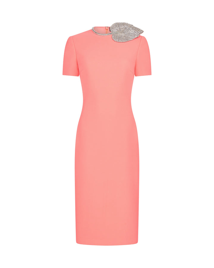 CRYSTAL LEAF EMBROIDERED SHORT SLEEVE MIDI DRESS