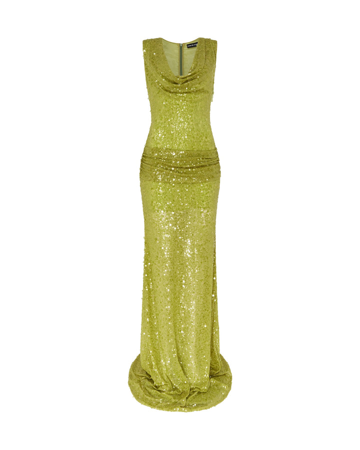 PLUNGE NECKLINE SEQUIN EMBELLISHED GOWN