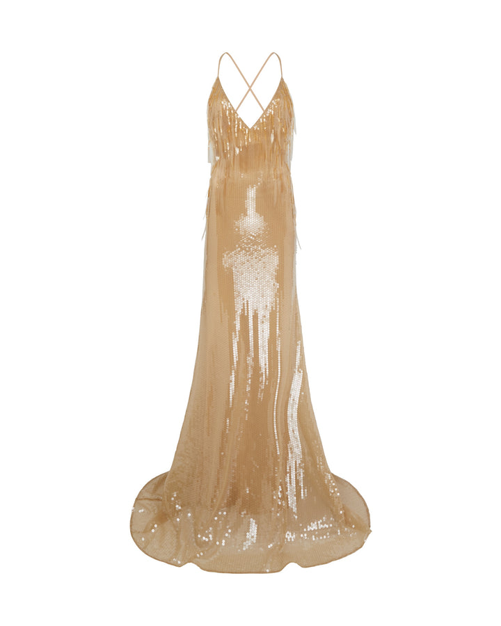 GRADIENT SEQUIN V NECK GOWN