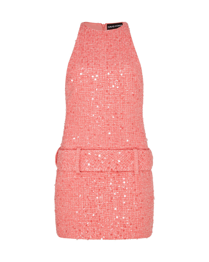 SEQUIN BOUCLE HALTERNECK MINI DRESS