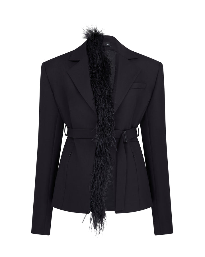 FEATHER TRIM TAILORED JACKET IN BLACK
