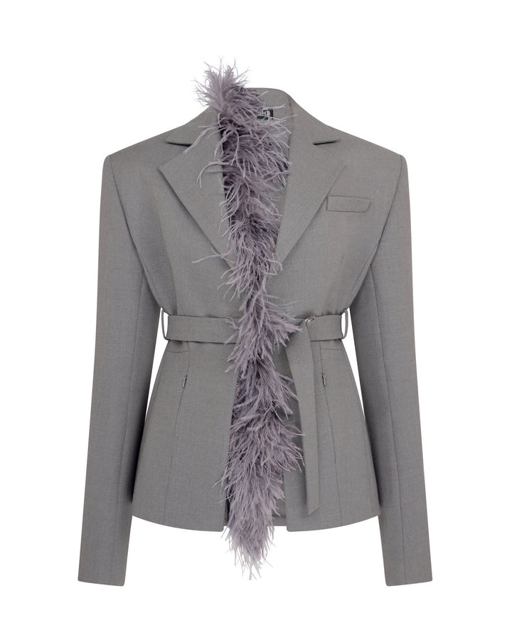 FEATHER TRIM TAILORED JACKET IN GREY