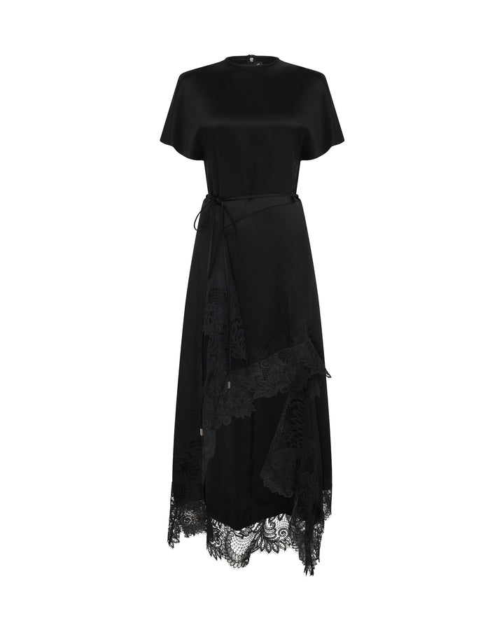 ASYMMETRIC LACE HEM SATIN MIDI DRESS