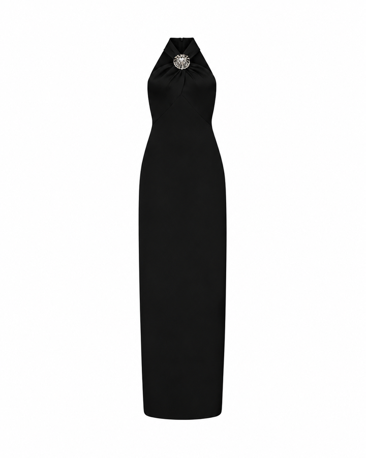 CRYSTAL PENDANT HALTERNECK GOWN IN BLACK