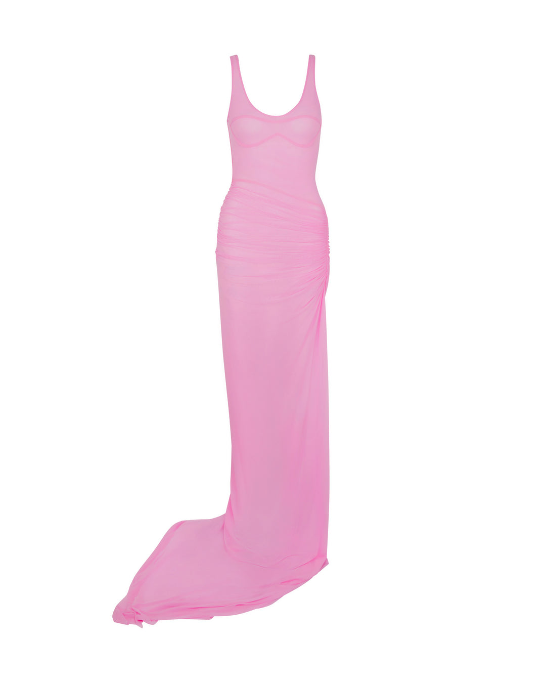ASYMMETRIC RUCHED MESH GOWN