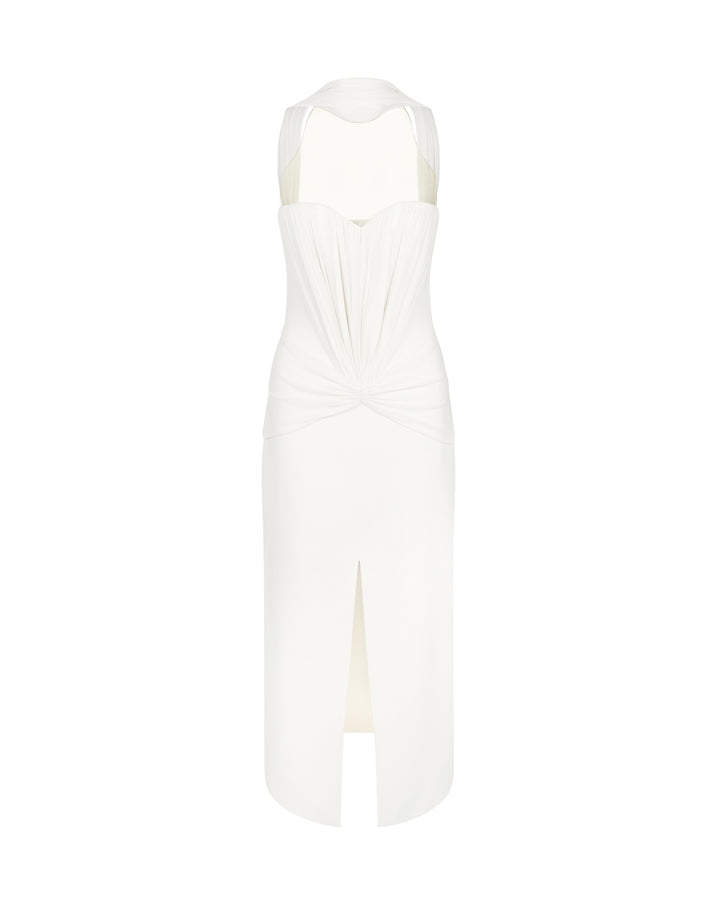 RUCHED TOP AND SCARF DETAIL MIDI DRESS