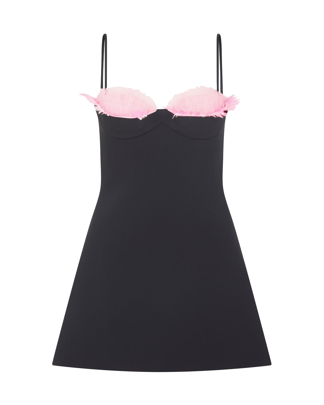 David Koma TULLE RUFFLE AND FEATHER BRA MINI DRESS BLACK/PINK / 10