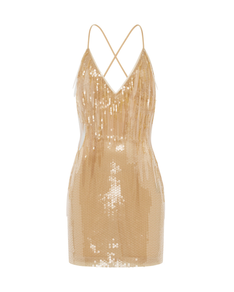 David Koma SEQUIN EMBROIDERED CAMI MINI DRESS BEIGE / 10