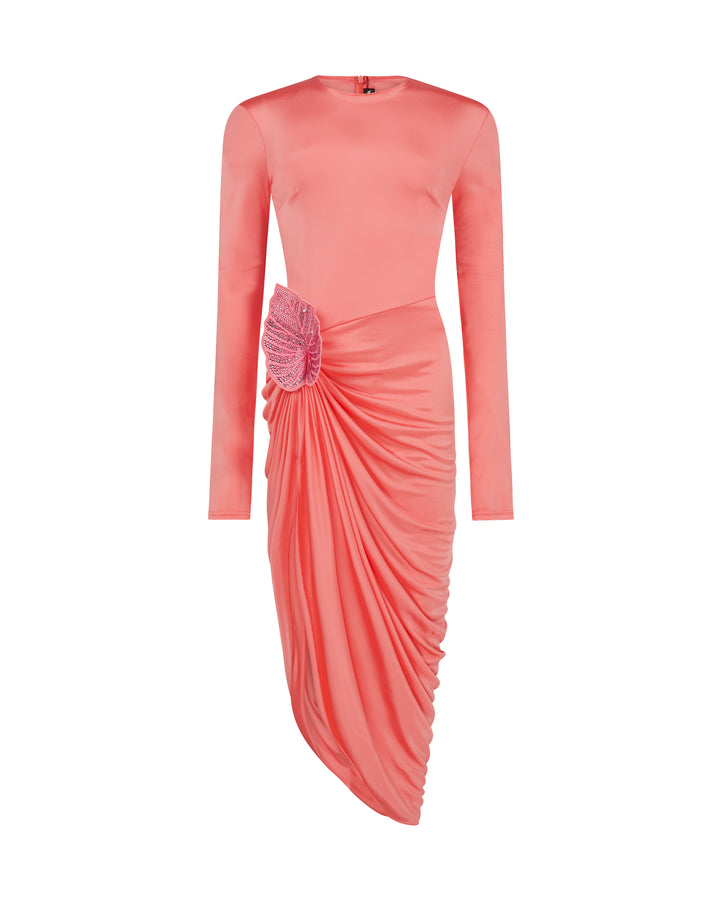 RHINESTONE LEAF AND LONG SLEEVES MIDI DRESS IN PINK