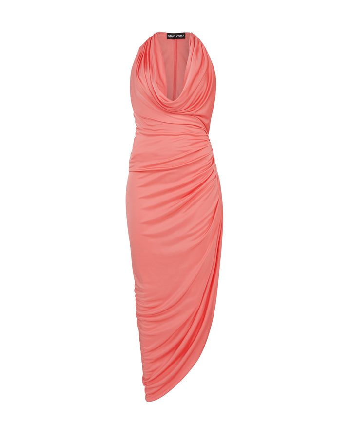 PLUNGE NECKLINE RUCHED MIDI DRESS PINK