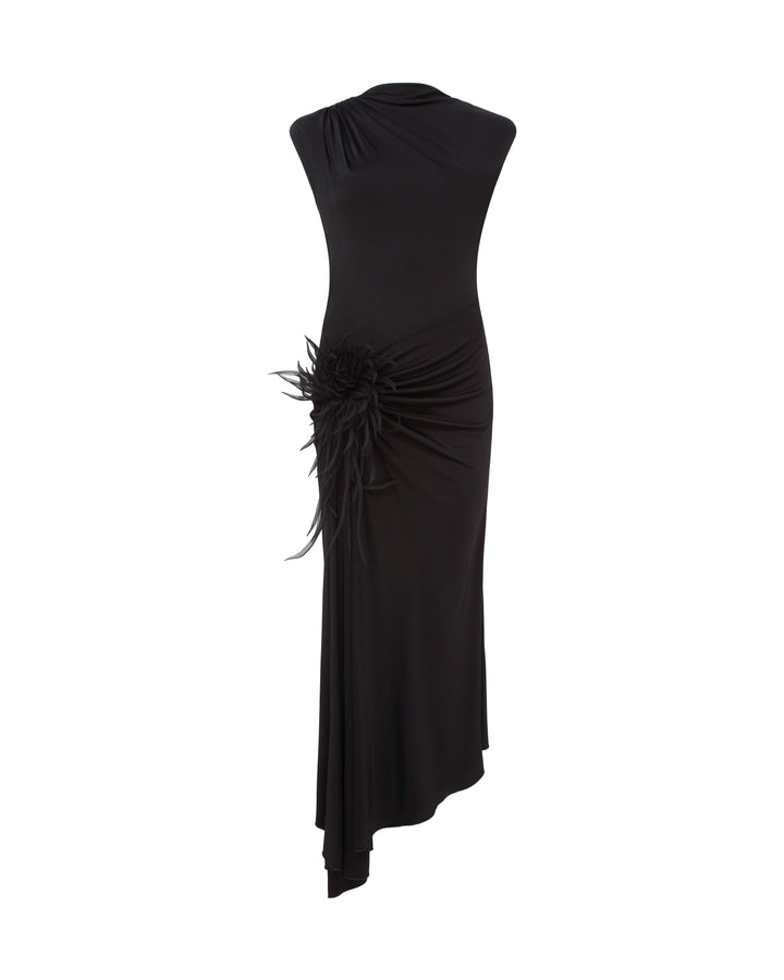 CACTUS DAHLIA DETAIL DRAPED MIDI DRESS IN BLACK
