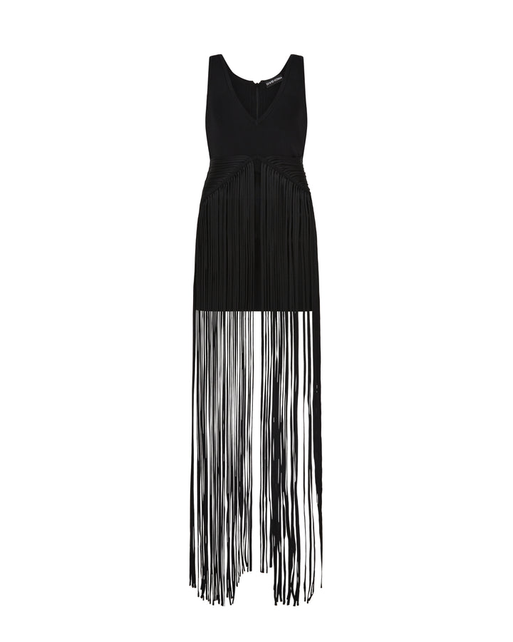 FULL FRINGE SKIRT V NECK KNIT DRESS