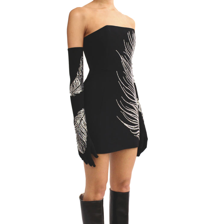 LONG CRYSTAL FEATHER GLOVES IN BLACK
