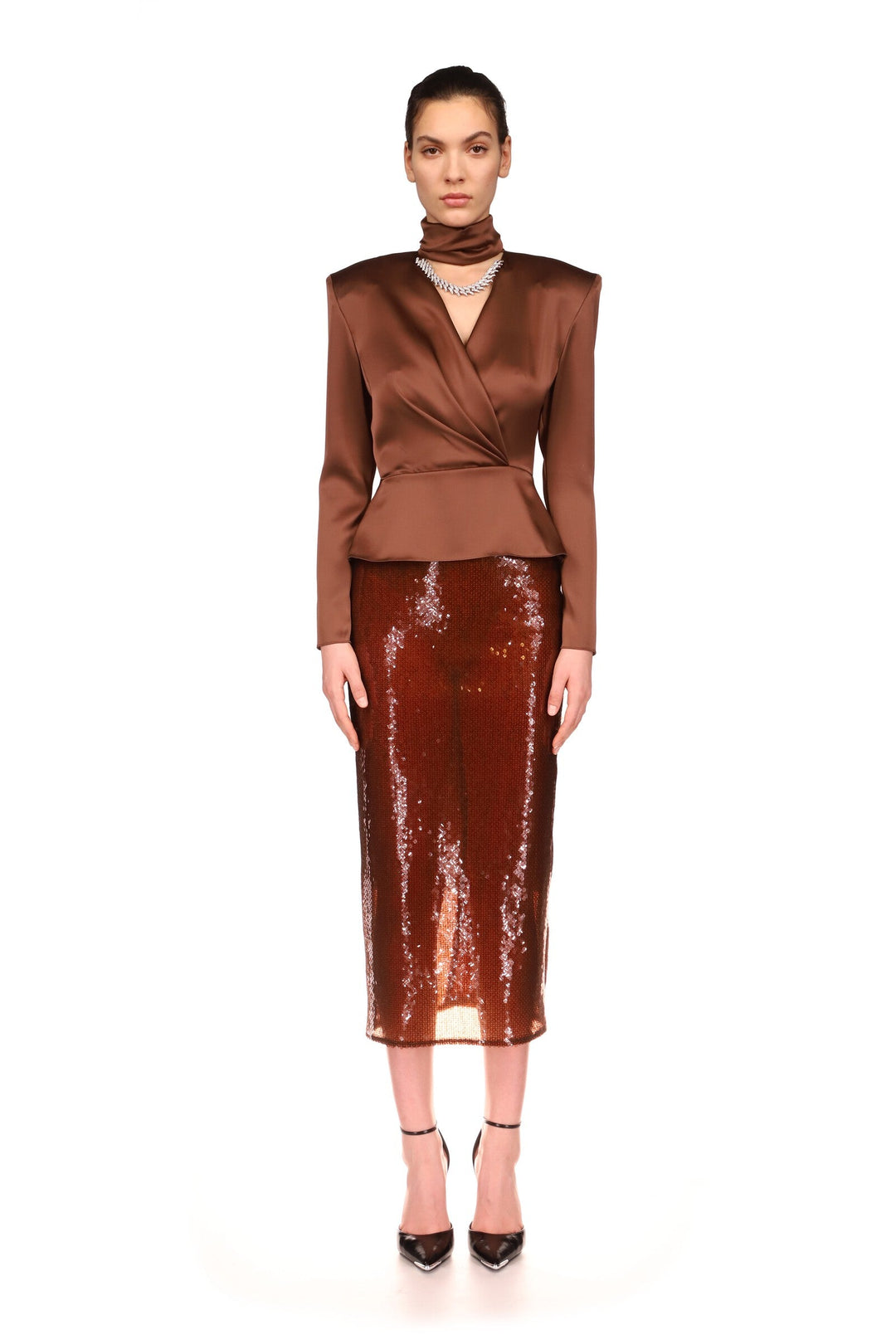 CRYSTAL FLAME CHAIN AND CHOKER WRAP TOP IN BLACK