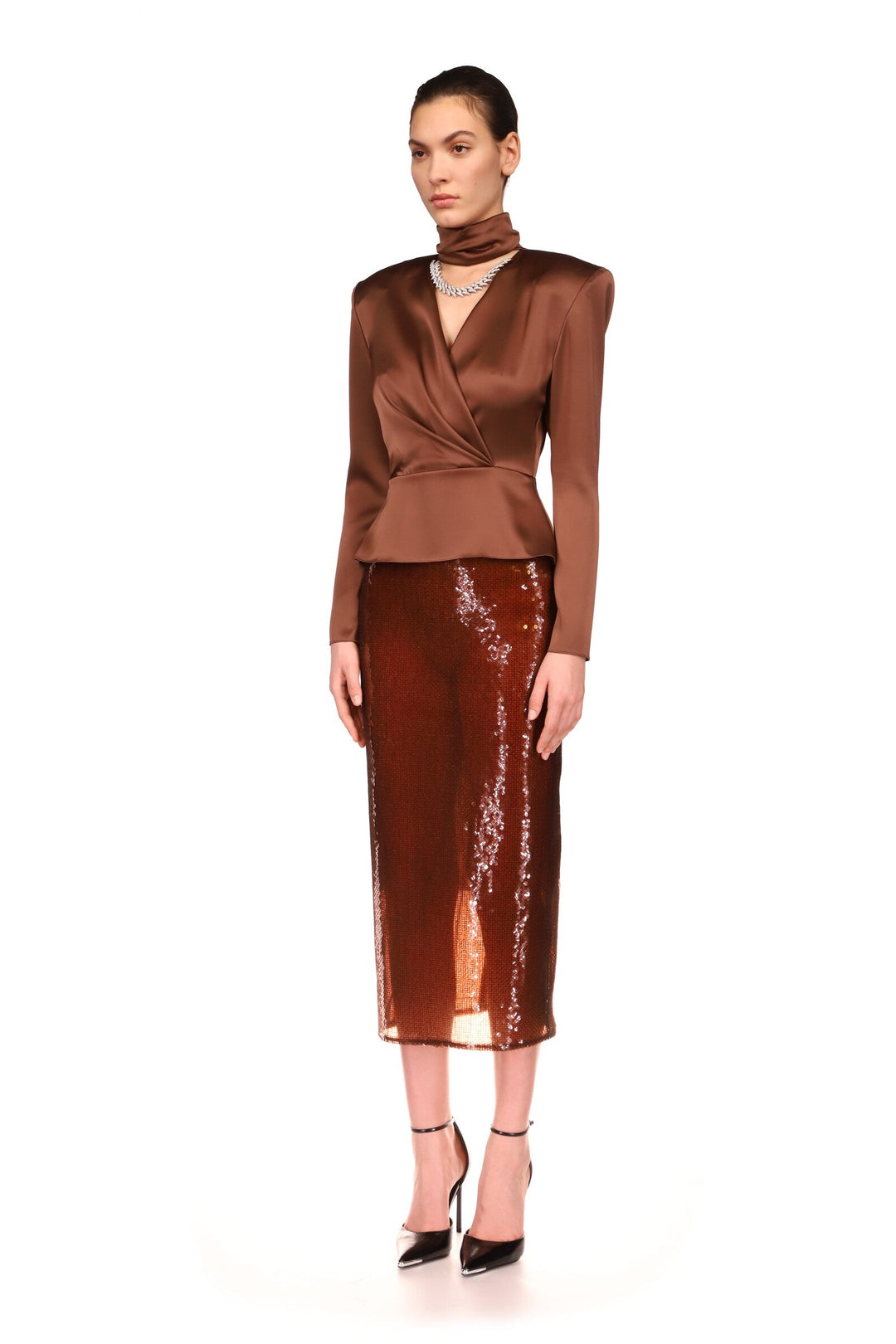 CRYSTAL FLAME CHAIN AND CHOKER WRAP TOP IN BLACK