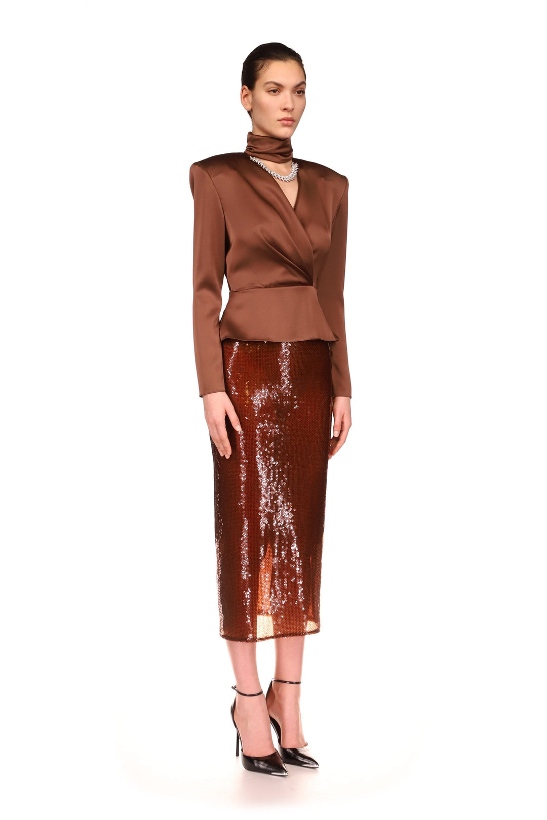 CRYSTAL FLAME CHAIN AND CHOKER WRAP TOP IN BLACK